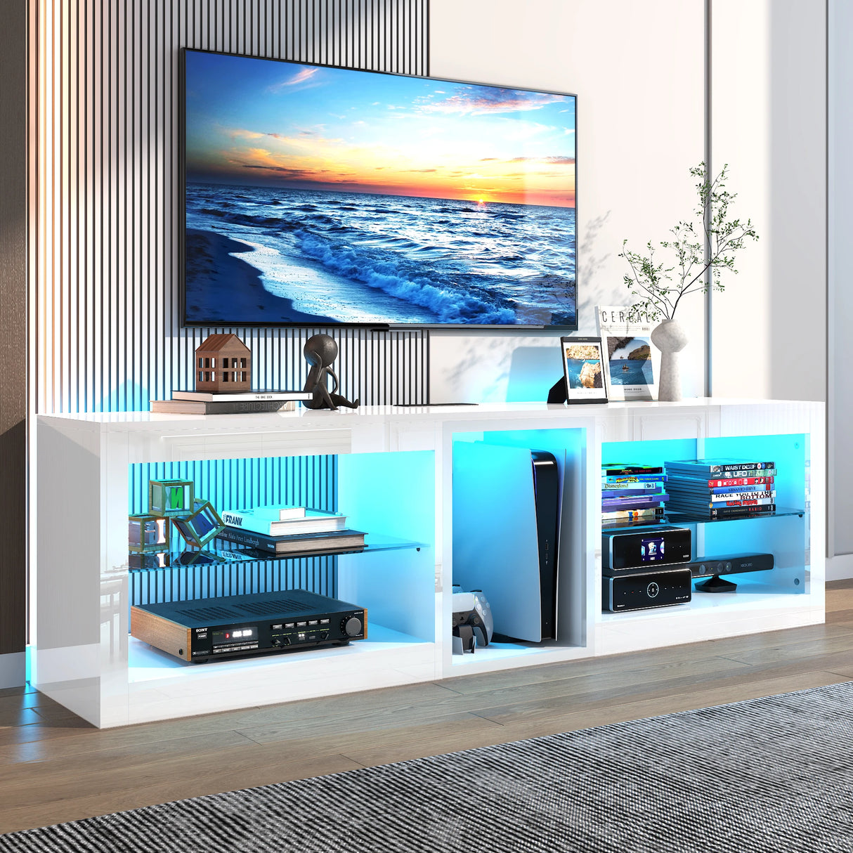 Modern 63-Inch Adjustable LED TV Stand With Storage Shelves