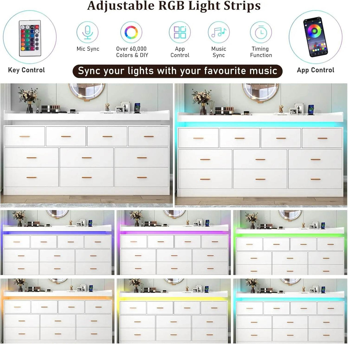 Modern 10-Drawer Dresser with LED Light - Omega Lifestyles