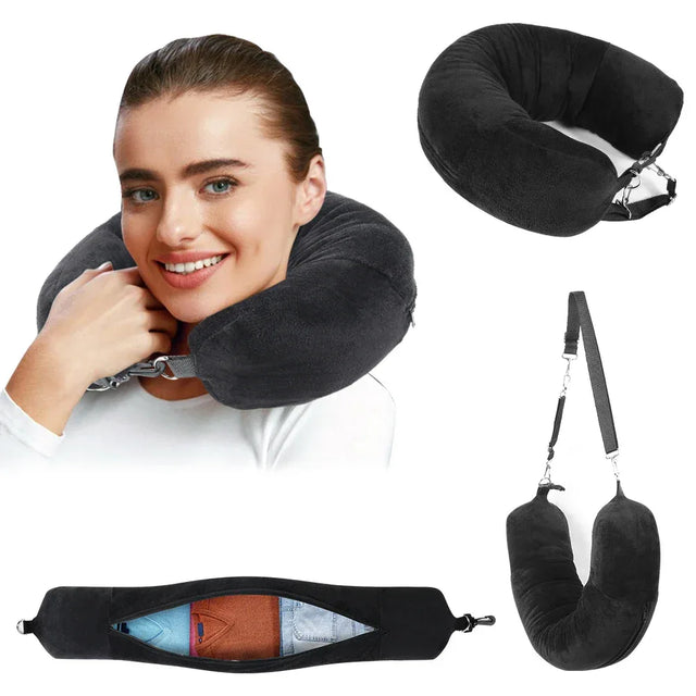 Travel Neck Pillow With Velvet Cover And Storage Bag - Omega Lifestyles