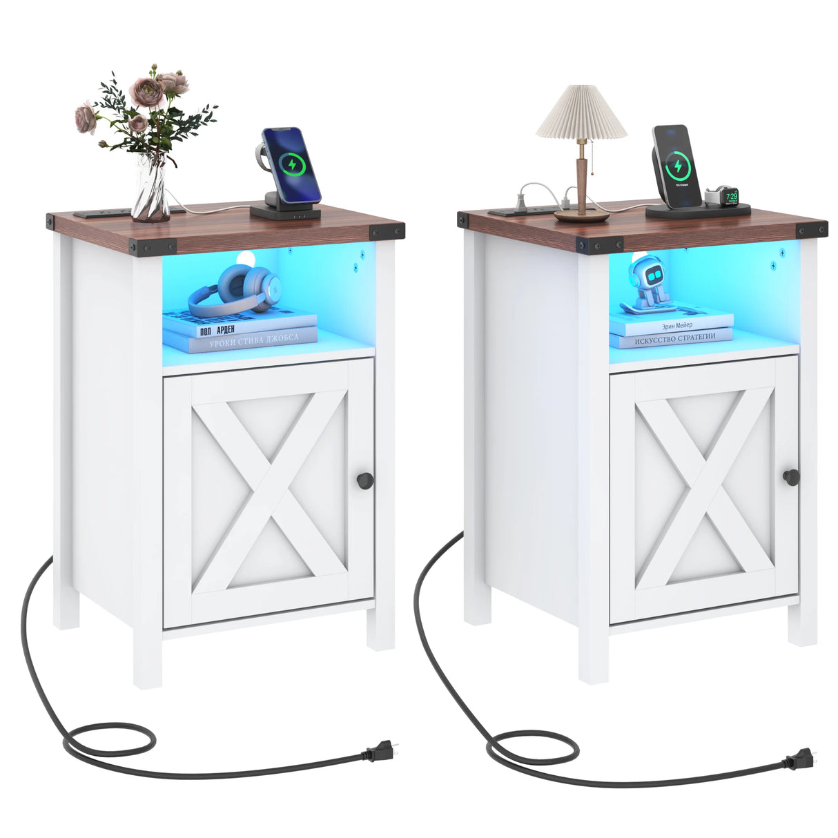 Farmhouse LED Nightstand Set of 2 With Charging Station