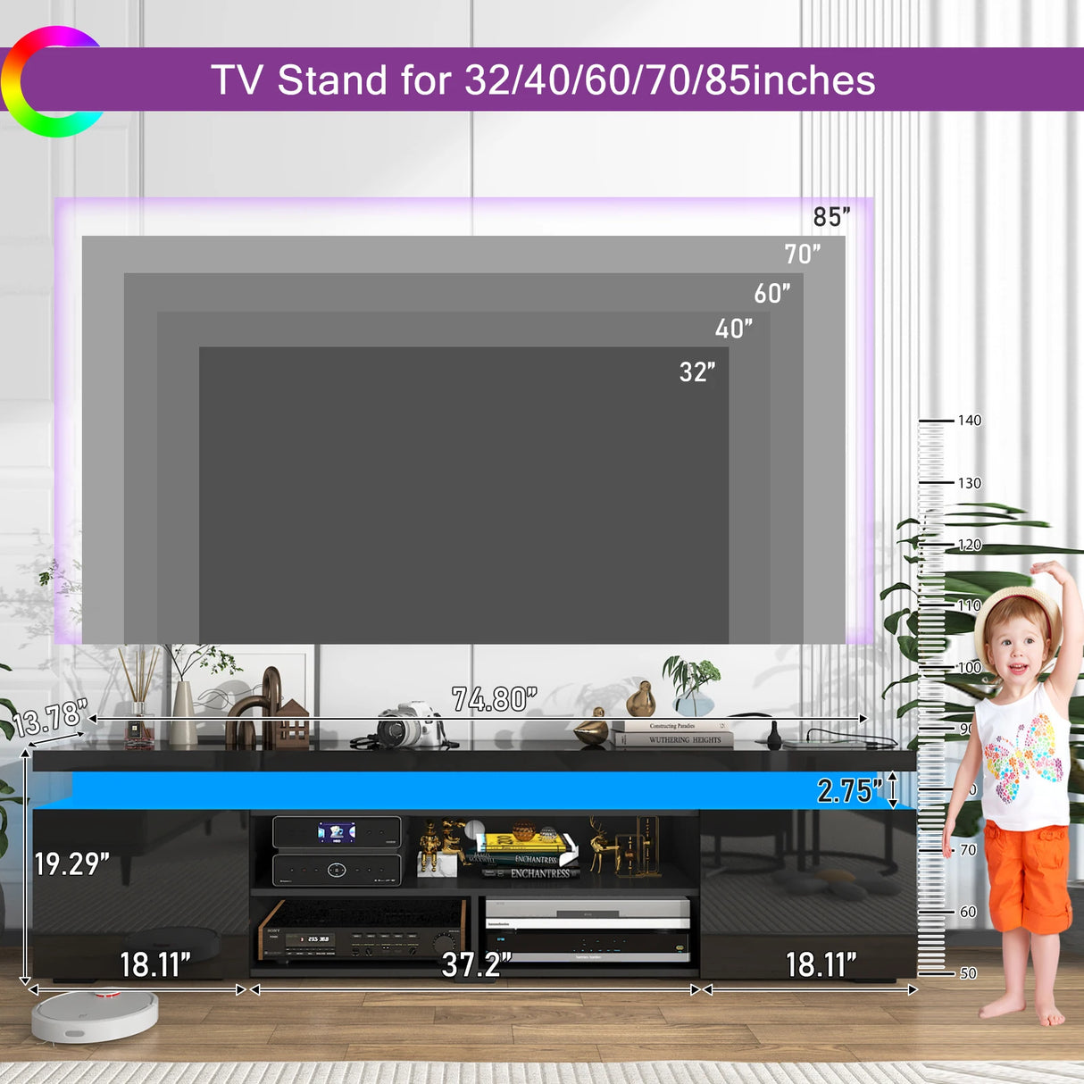 Modern 74-Inch LED TV Stand With Power Outlet and Storage
