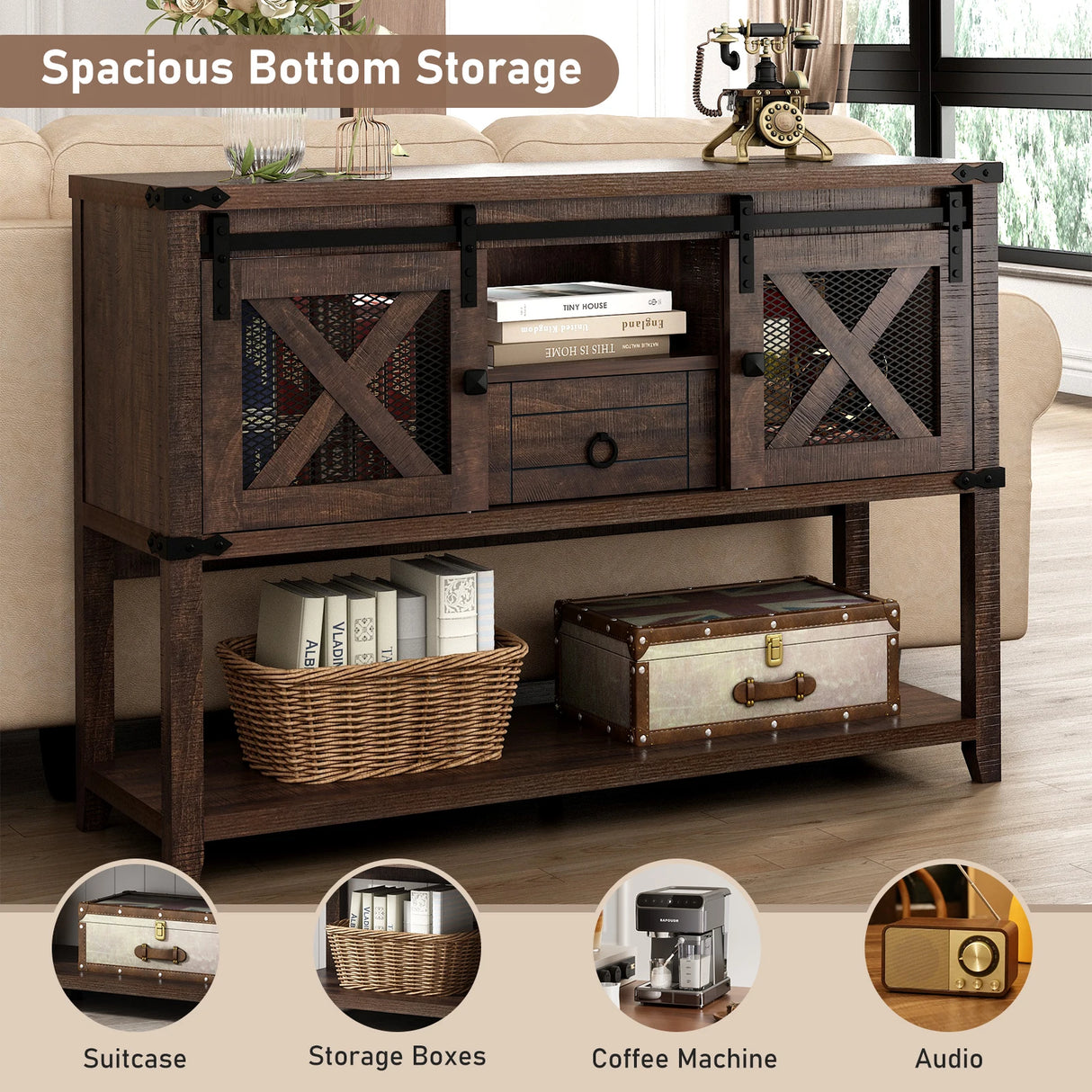 Antique Wood Farmhouse Entryway Table With Sliding Barn Doors