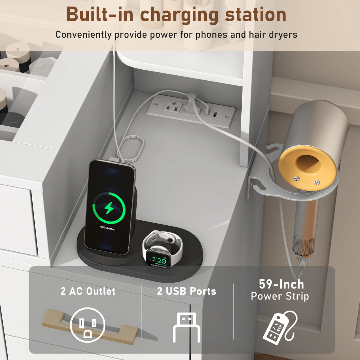 Modern Glass Top Vanity Desk With Mirror LED Lights