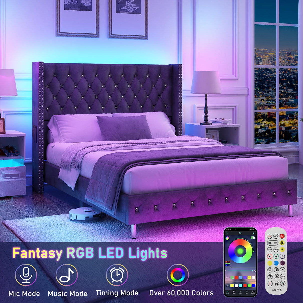 Queen Velvet Upholstered Wingback Bed Frame With LED Lights
