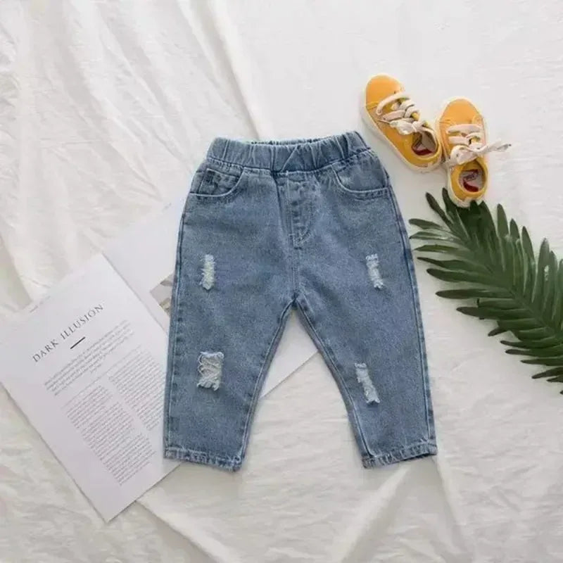 Kids Casual Elastic Waist Denim Ripped Jeans - Omega Lifestyles