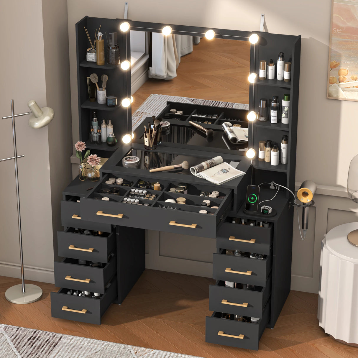 Modern Glass Top Vanity Desk With Mirror LED Lights