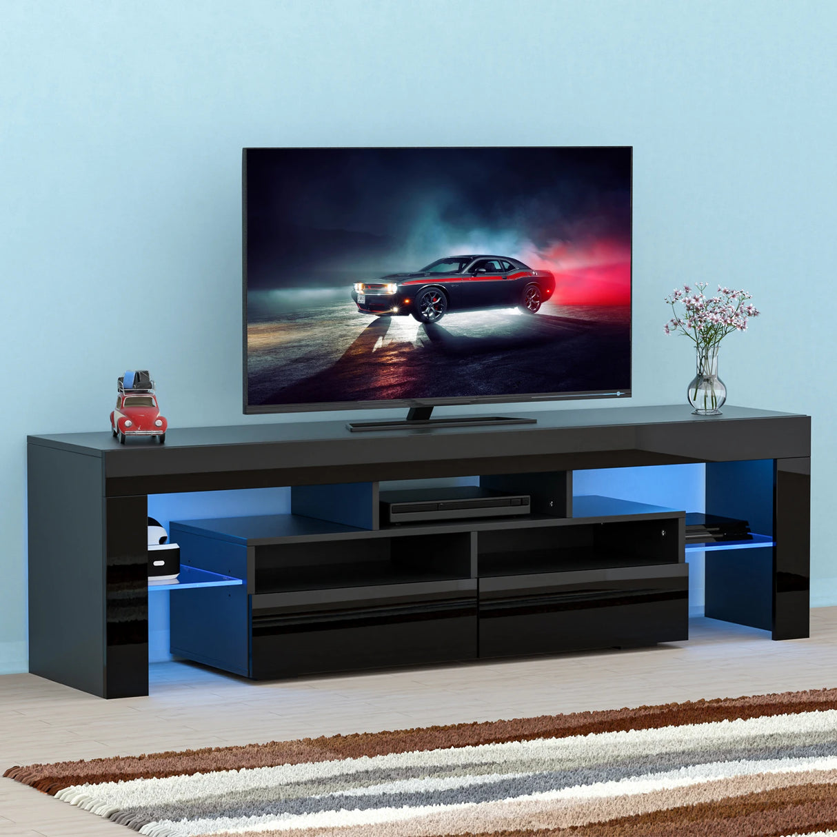 Modern RGB LED Wooden TV Stand With Storage Drawers