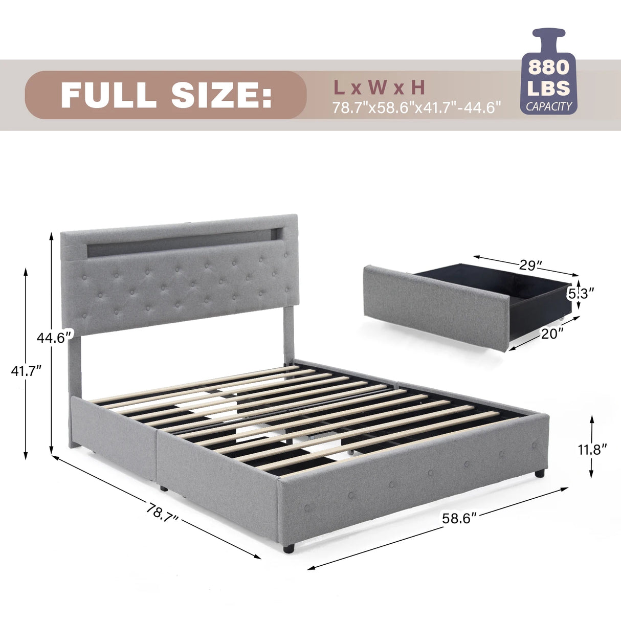 Queen LED Storage Bed Frame With Adjustable Headboard
