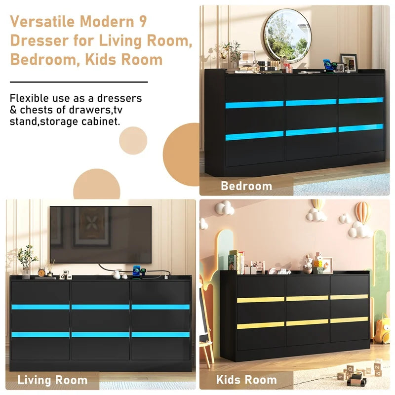 9-Drawer Wooden Dresser With LED Lights And Charging Station