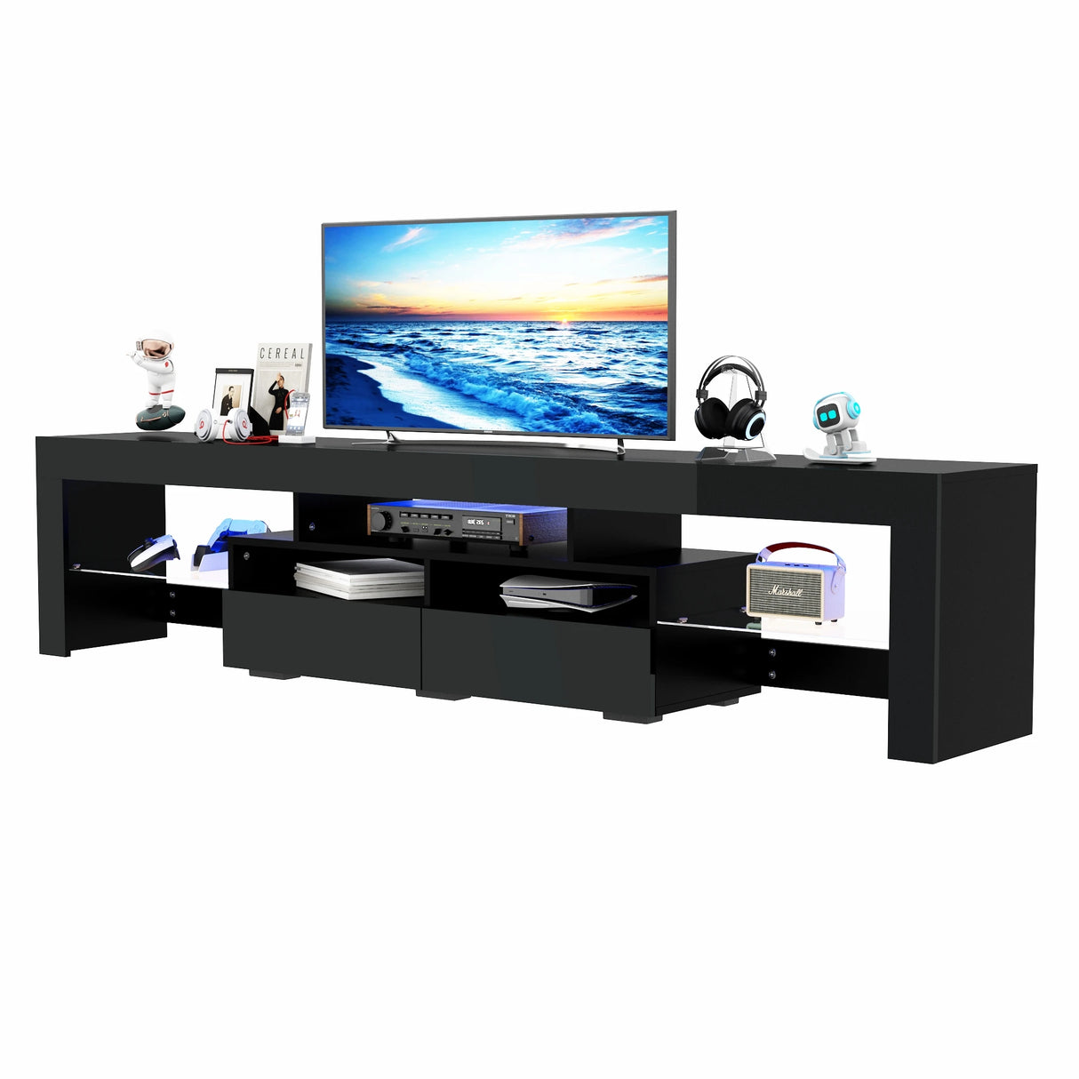 Modern RGB LED Wooden TV Stand With Storage Drawers