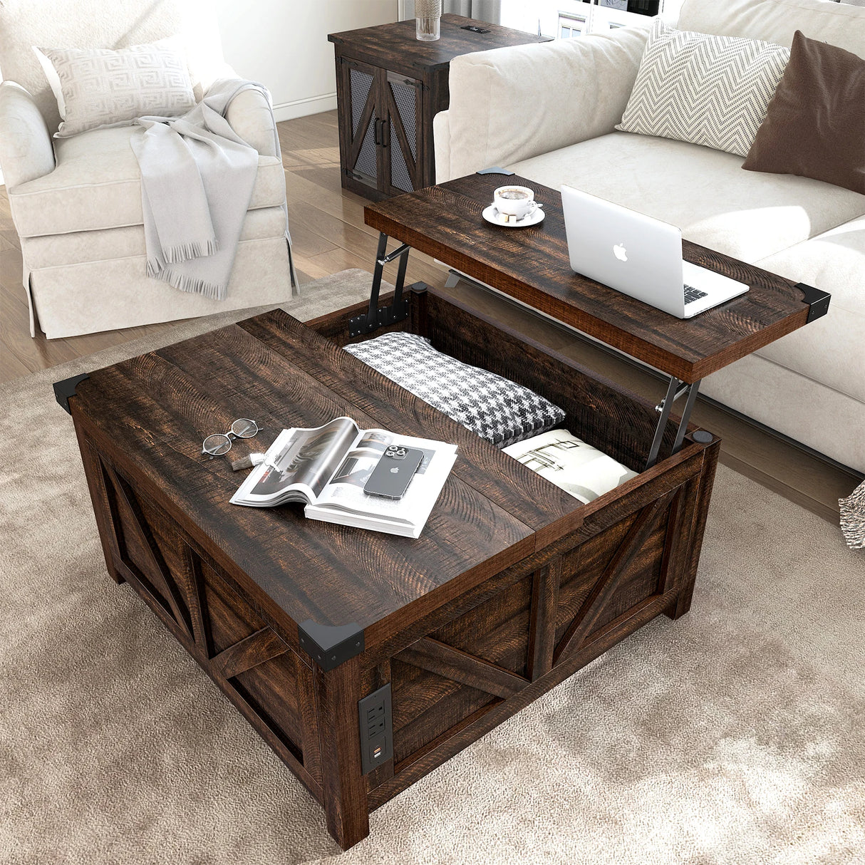 Farmhouse Lift-Top Square Coffee Table With Storage