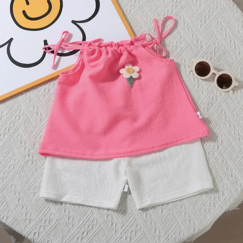 Floral Embellished Halter Top And Shorts Set For Girls