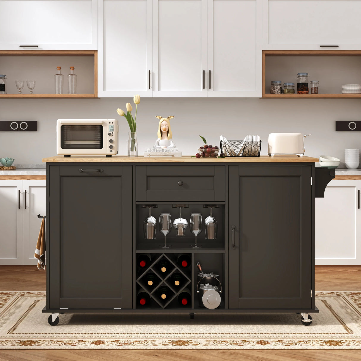 Rolling Wood Kitchen Island Cart With Drop Leaf Countertop