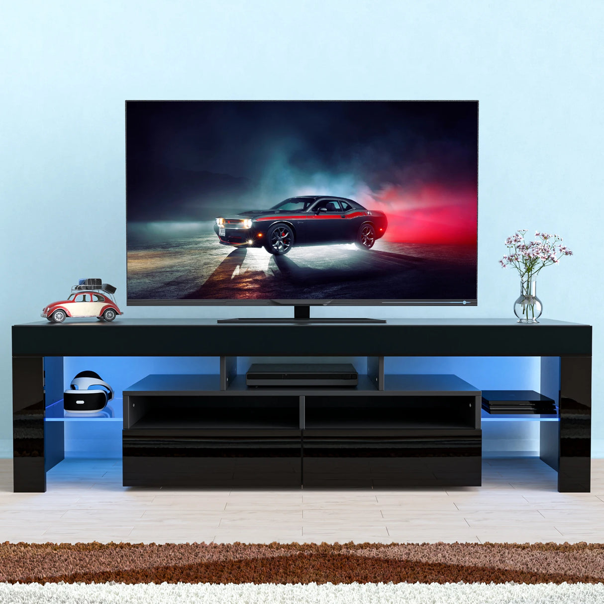 Modern RGB LED Wooden TV Stand With Storage Drawers