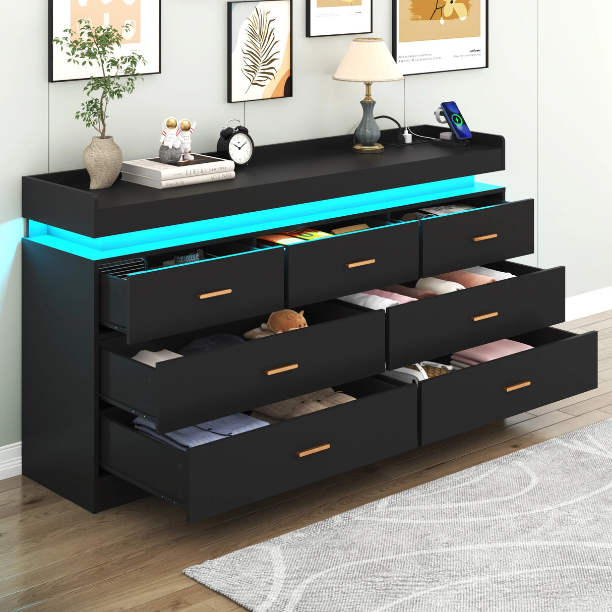 Modern 7-Drawer Wooden Dresser With LED Light
