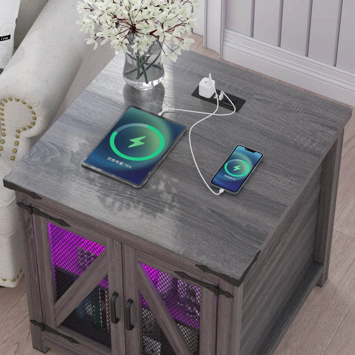 24-Inch Farmhouse Industrial End Table With Charging Station