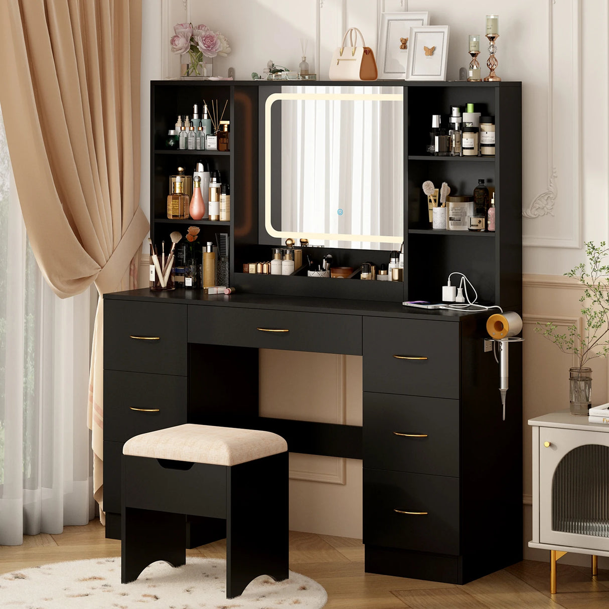 Modern Large Wooden Vanity Desk With Mirror Lights Stool