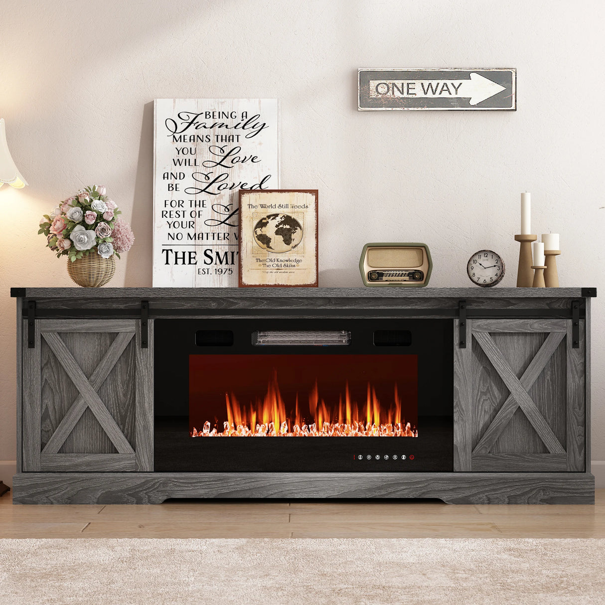 Farmhouse Wooden Sliding Barn Door Coffee Bar Cabinet