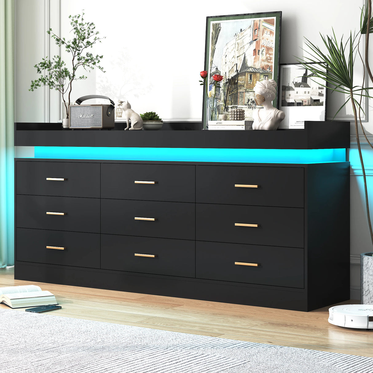 Modern 9-Drawer Wooden Dresser With LED Light