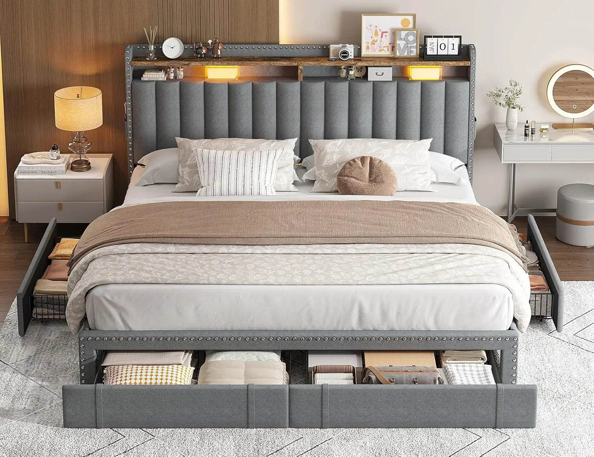 Upholstered Bed Frame with Storage Drawers - Omega Lifestyles