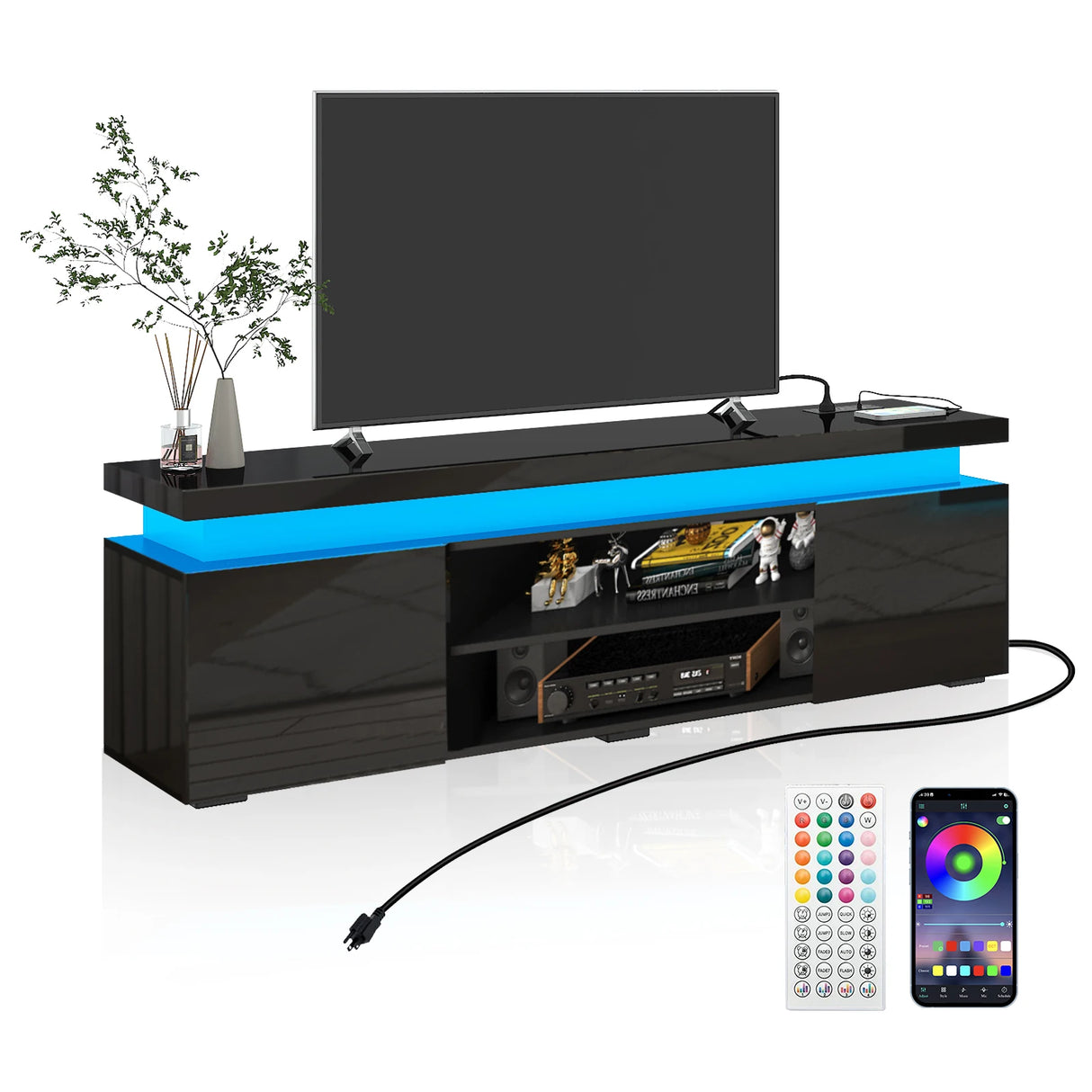 Modern 66-Inch High Gloss LED TV Stand With Power Outlet