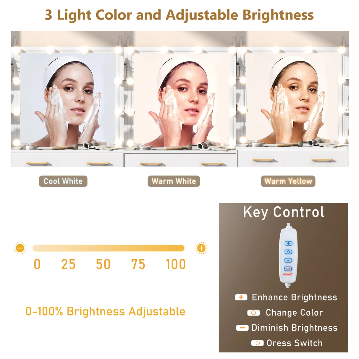 Modern Glass Top Vanity Desk With Mirror LED Lights