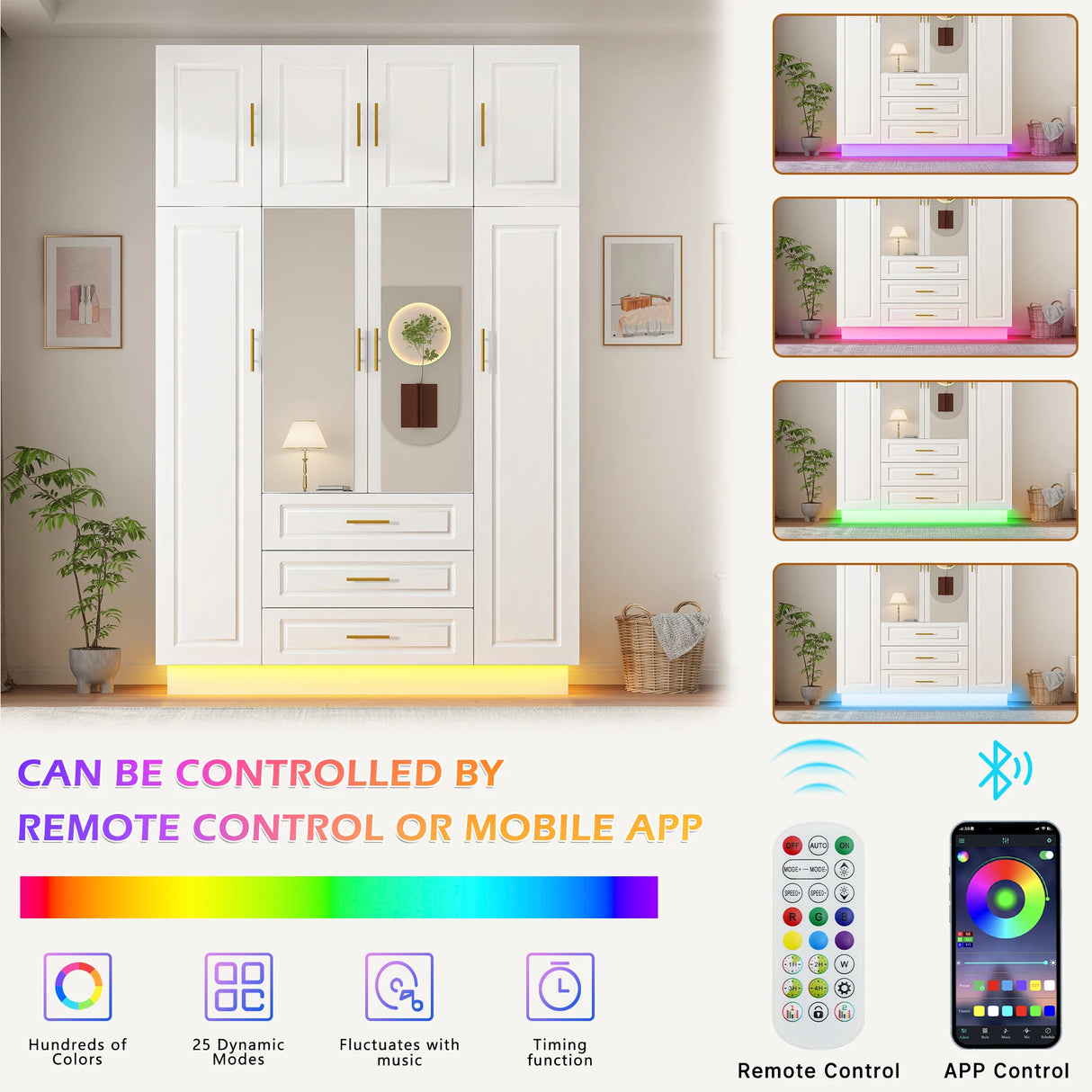 Modern Minimalist 4-Door LED Armoire Wardrobe Closet