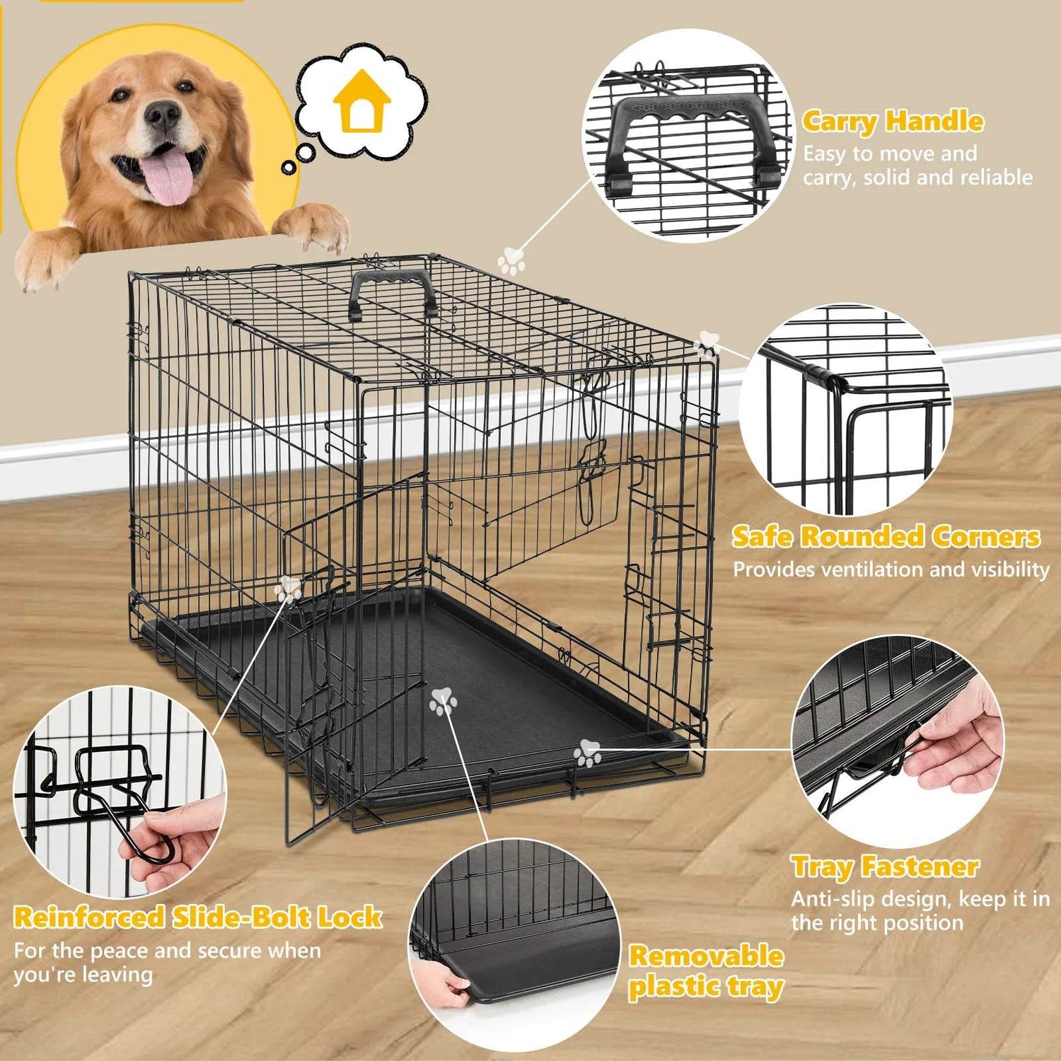 Foldable Double Door Metal Wire Dog Crate With Leak-Proof Tray - Sleep Galleria