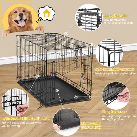 Foldable Double Door Metal Wire Dog Crate With Leak-Proof Tray - Sleep Galleria