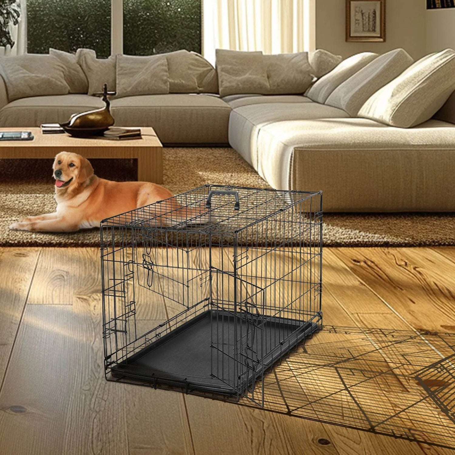 Foldable Double Door Metal Wire Dog Crate With Leak-Proof Tray - Sleep Galleria