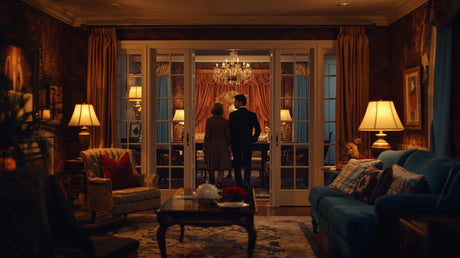 Tie_in_themes_with_a_couple_walking_into_a_beautiful_living_room._Tie_in_colors_of_gold_red_and_blue_accent._Relaxing_comfortable_inviting_and_down_to_earth - Omega Lifestyles