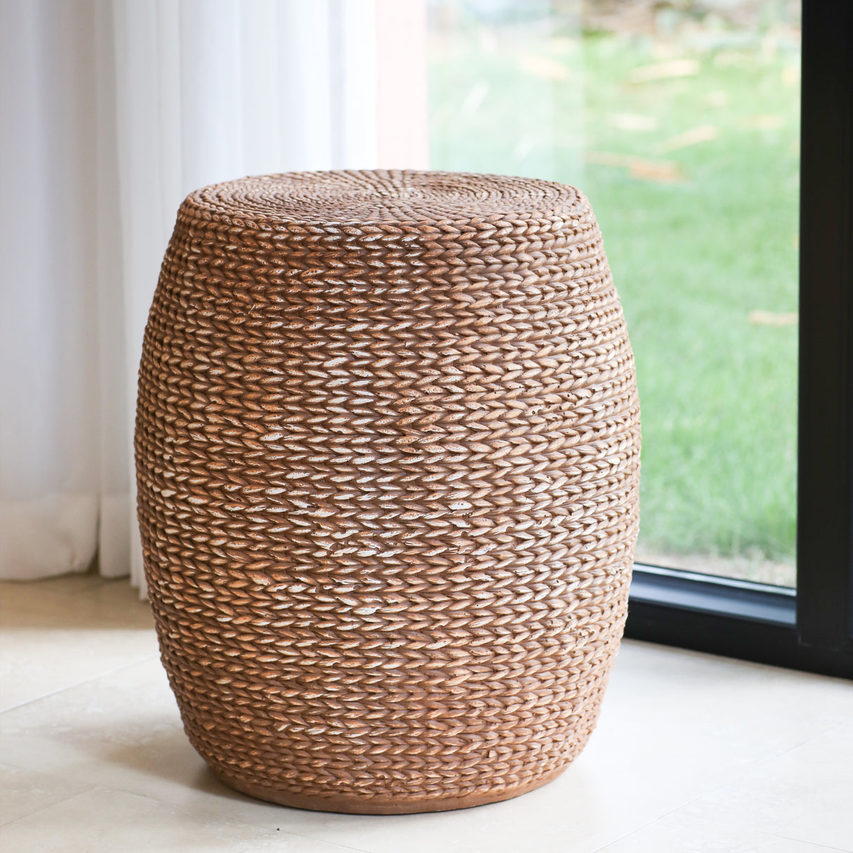 Weather-Resistant Magnesium Oxide Drum-Shaped Outdoor Side Table