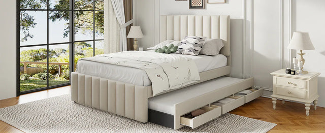 Full Full Size Upholstered Linen Platform Bed With Trundle - Omega Lifestyles