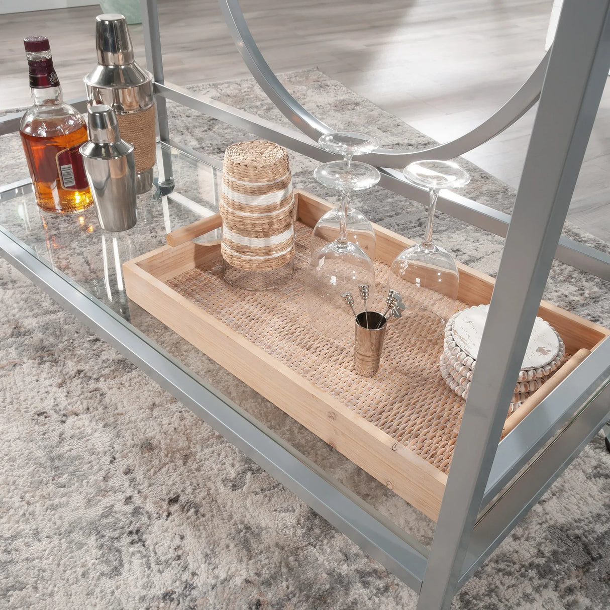 Contemporary Gray Metal Rolling Bar Cart With Shelves - Omega Lifestyles