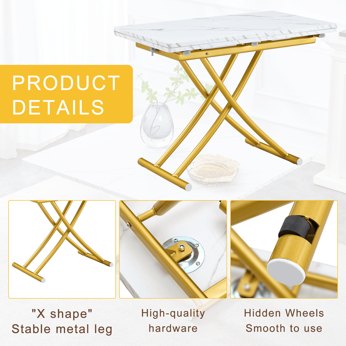 Multifunctional Adjustable Height White Gold Lift Table - Sleep Galleria