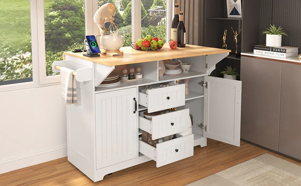 Folding Kitchen Island Cart With Power Outlet and Storage - Omega Lifestyles