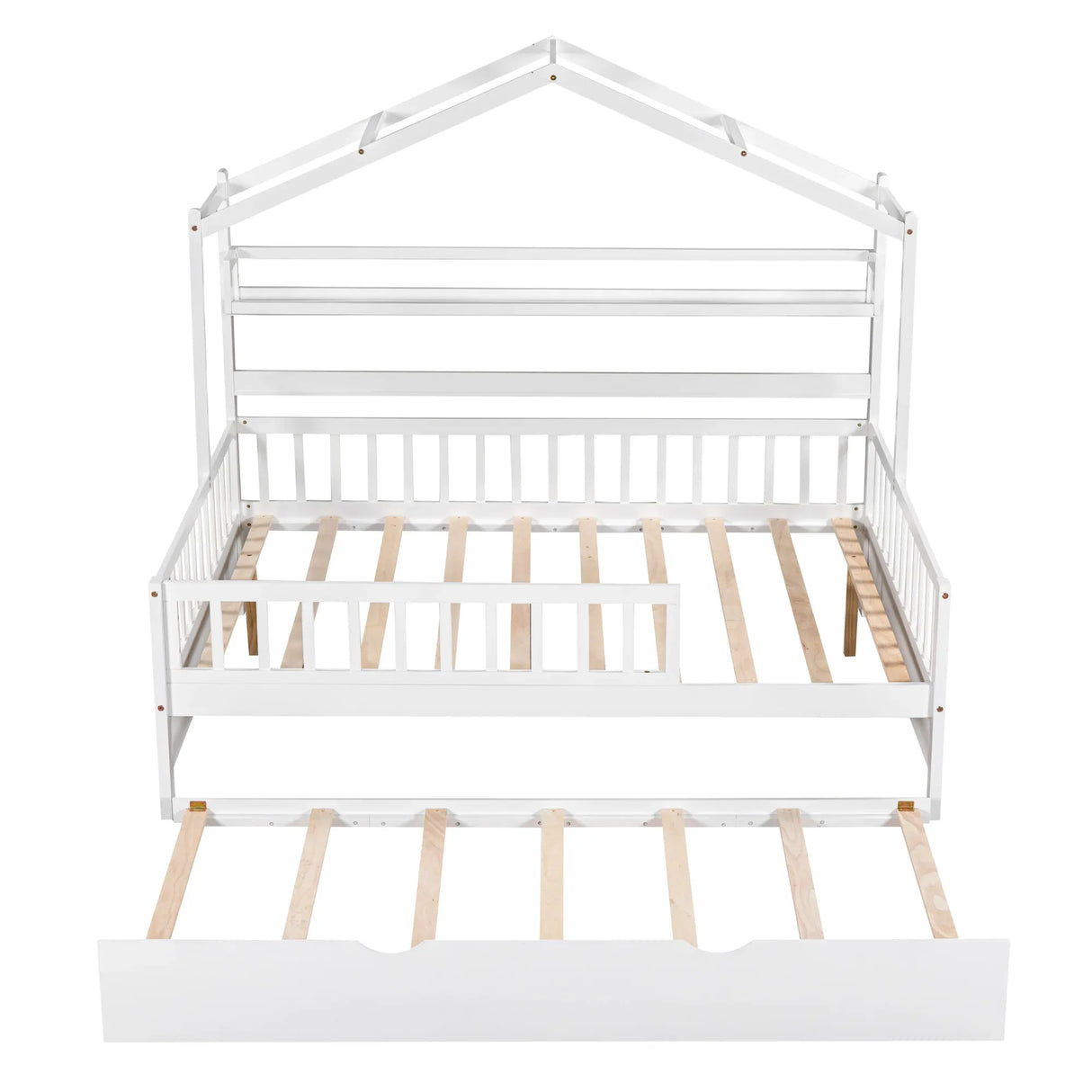 Full Size Wooden House Bed With Twin Trundle And Shelves - Omega Lifestyles