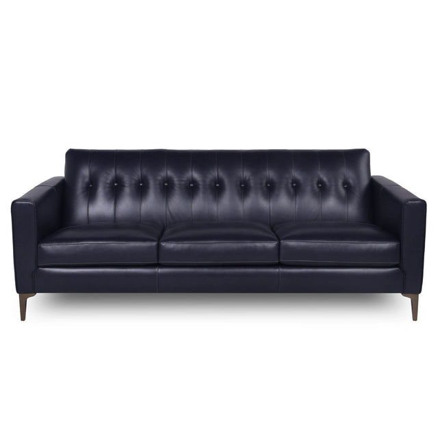 Mid-Century Tufted Navy Leather 3-Seat Sofa - Omega Lifestyles
