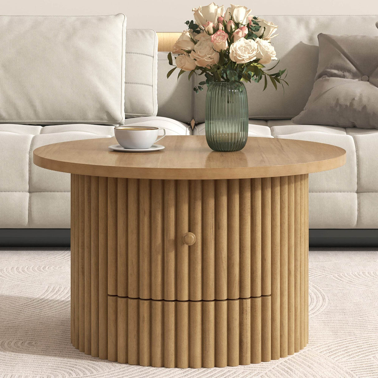 Round Farmhouse Coffee Table With Drawer - Sleep Galleria