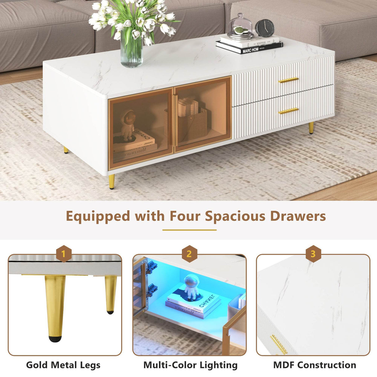 Modern White MDF Coffee Table With Storage Drawers And Lighting - Sleep Galleria