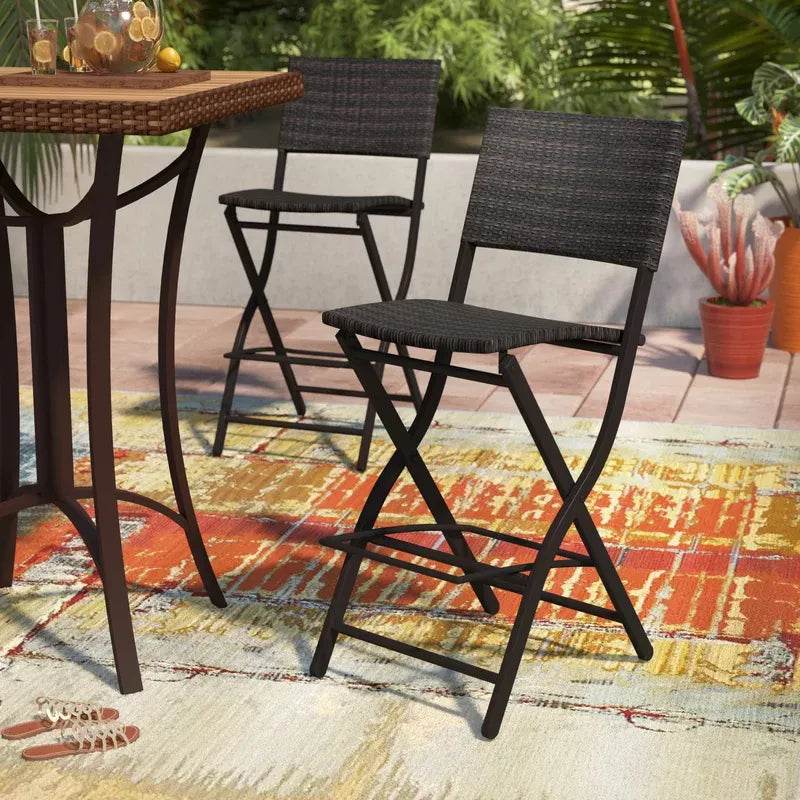 Set of 2 Foldable Outdoor Wicker Barstools With Footrest