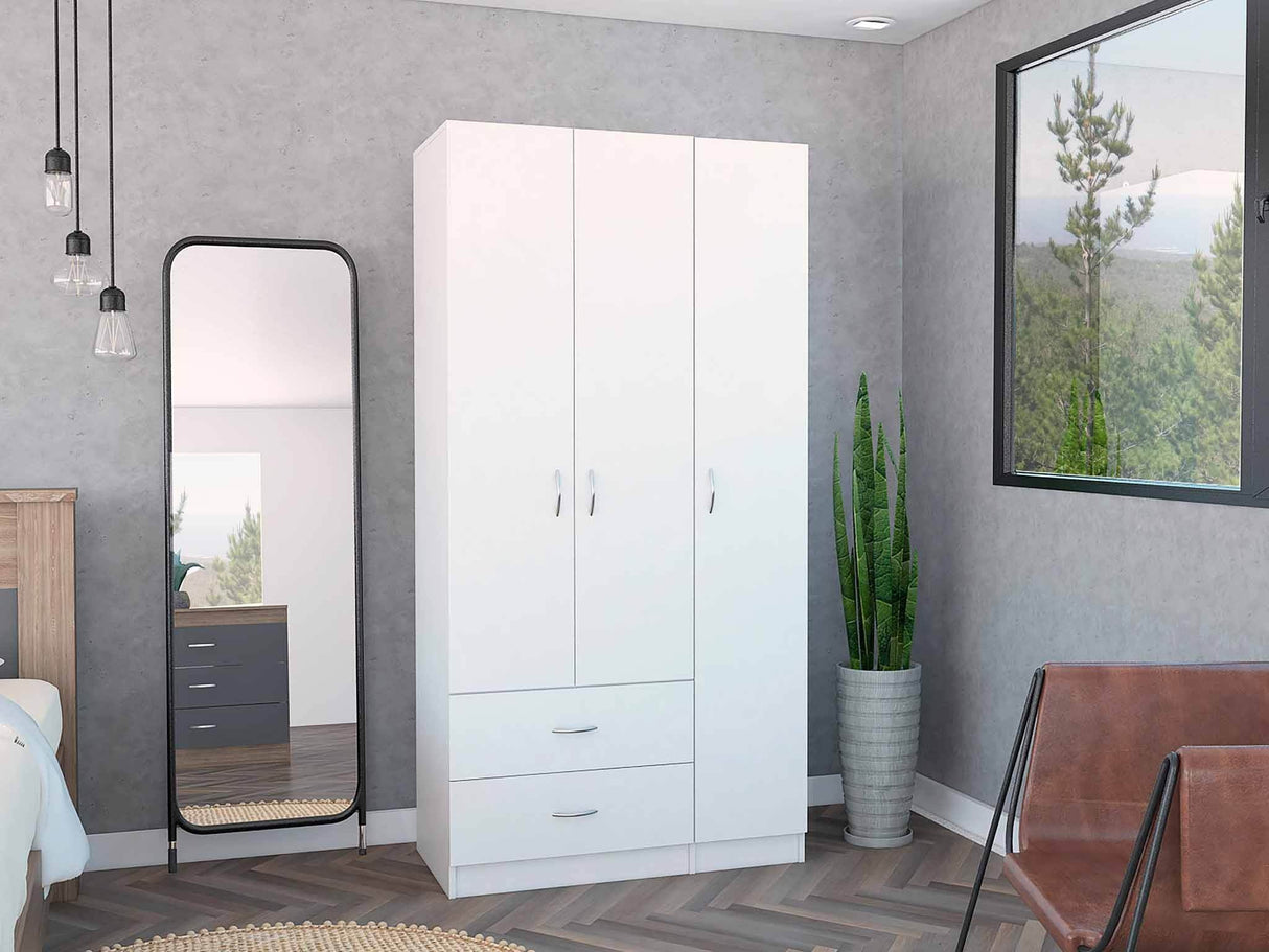 Modern White Particle Board Bedroom Armoire With Shelves Drawers Hanging