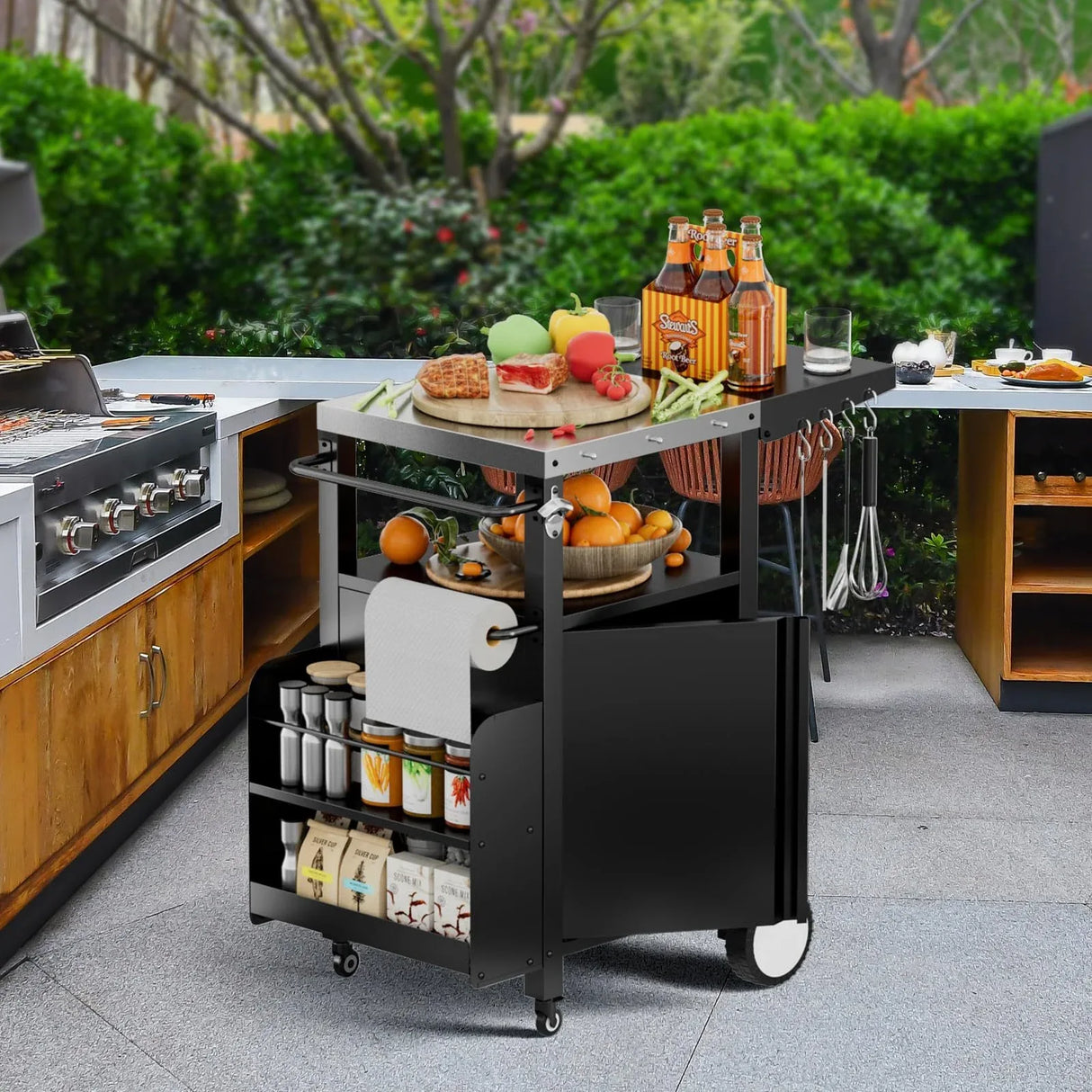 Outdoor Grill Cart Metal Storage Kitchen Island With Hooks - Omega Lifestyles