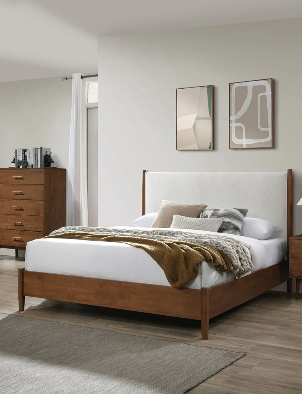 Queen Mid-Century Modern Walnut Beige Wood Bed Frame - Omega Lifestyles