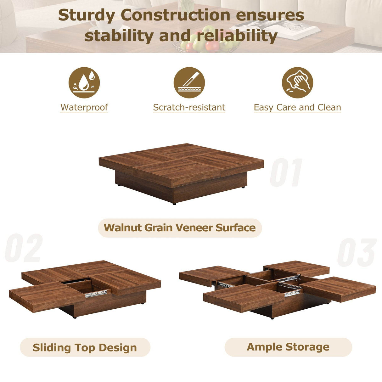 Square Walnut Veneer Coffee Table With Sliding Storage - Sleep Galleria
