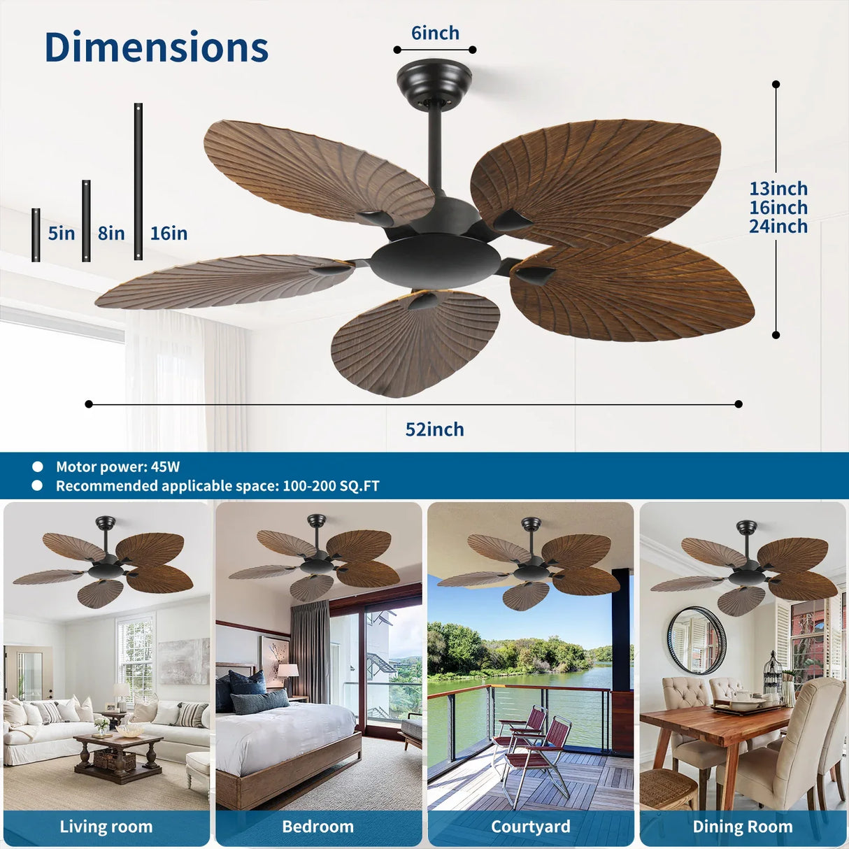 52-Inch Retro Palm Leaf Indoor Outdoor Ceiling Fan - Omega Lifestyles
