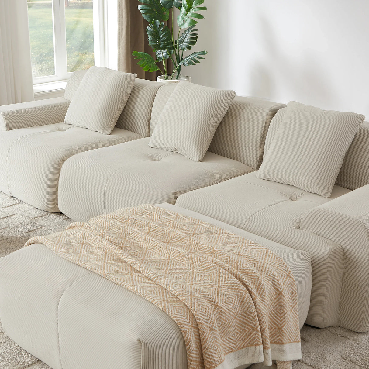 Modern L-Shaped Modular Corduroy 3-Seater Sectional Sofa - Omega Lifestyles