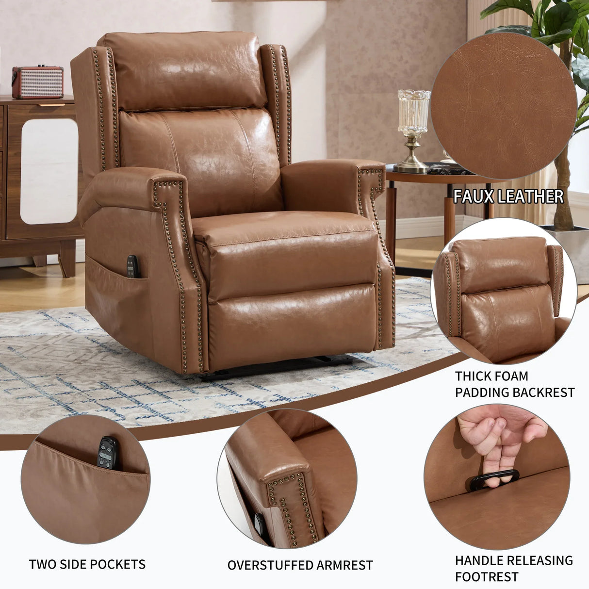 Camel Faux Leather Manual Recliner Chair With Massage Heat - Omega Lifestyles