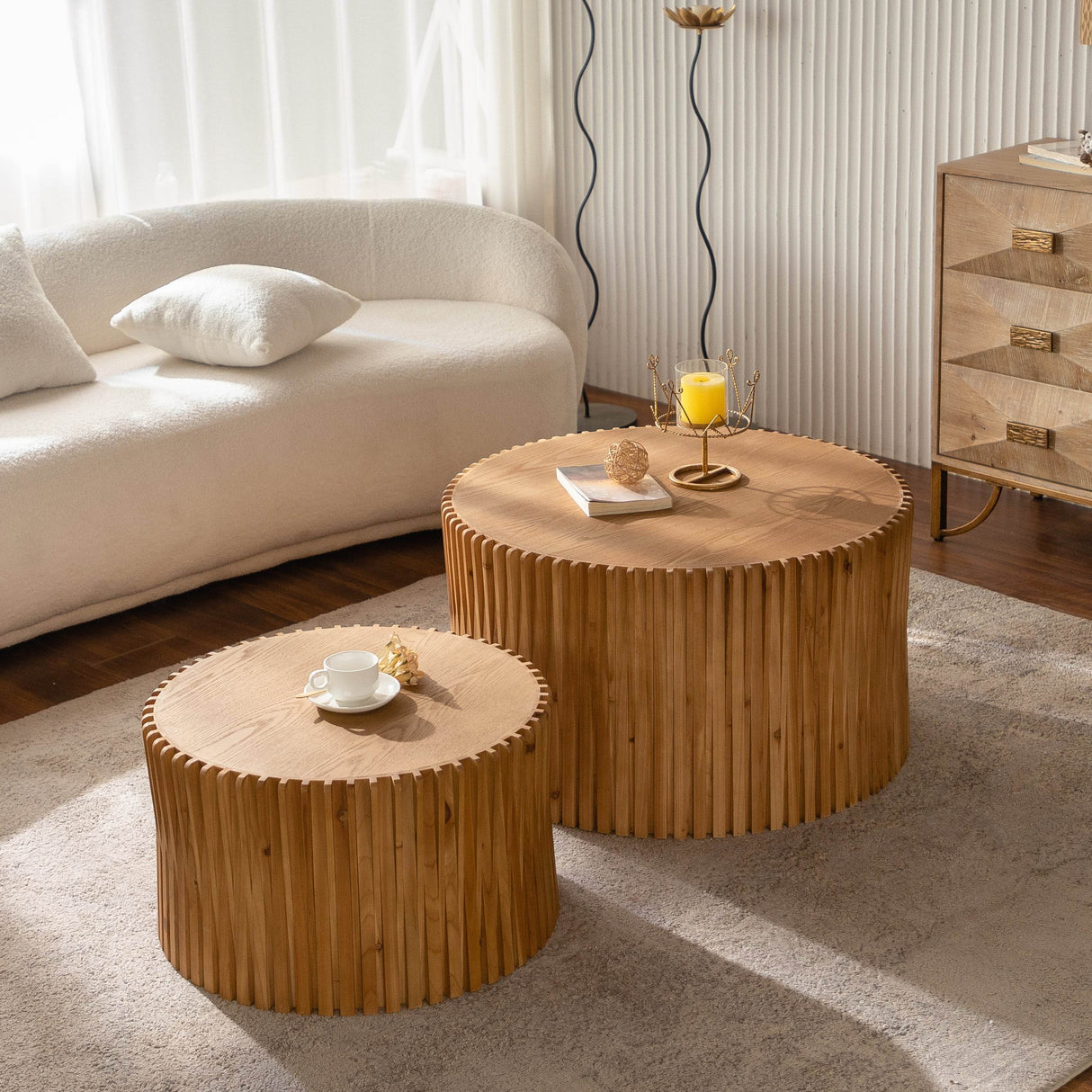 Vintage Style Natural Wood 2-Piece Round Coffee Table Set - Sleep Galleria