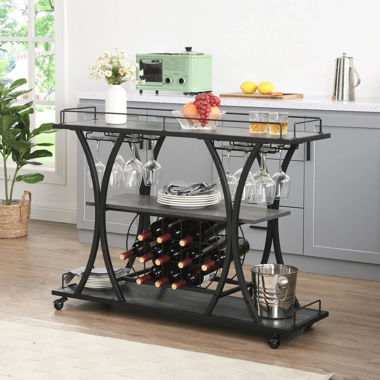 Industrial Style Mobile Iron 3-Tier Bar Cart With Casters - Omega Lifestyles